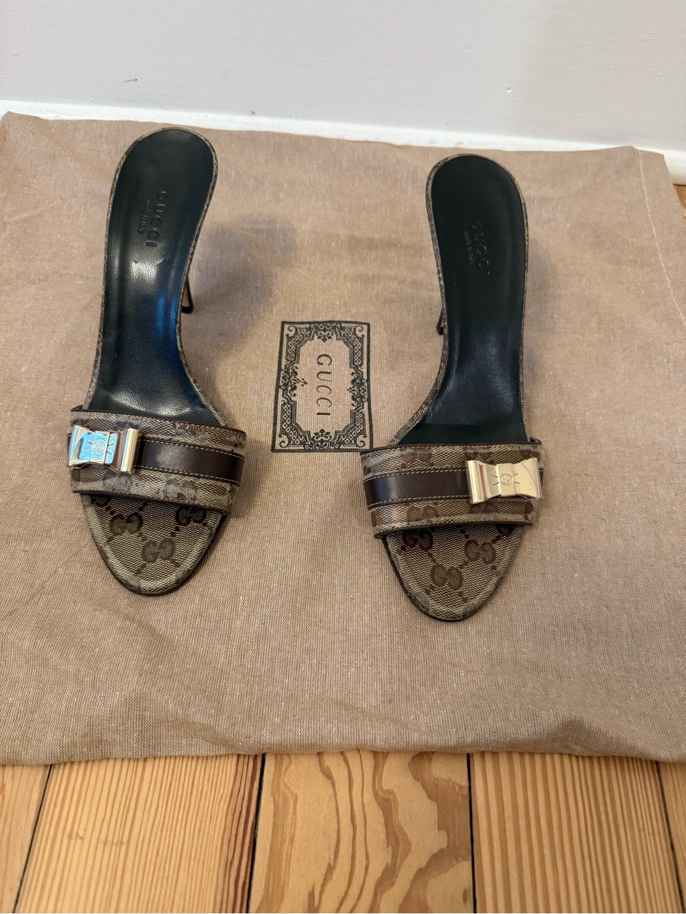 Gucci Brown Monogram Open-Toe Slide Heels